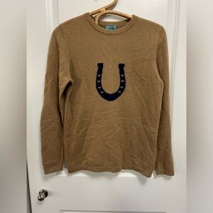 Two Bees Cashmere Tan and Blue Lucky Horseshoe Sweater Women’s S